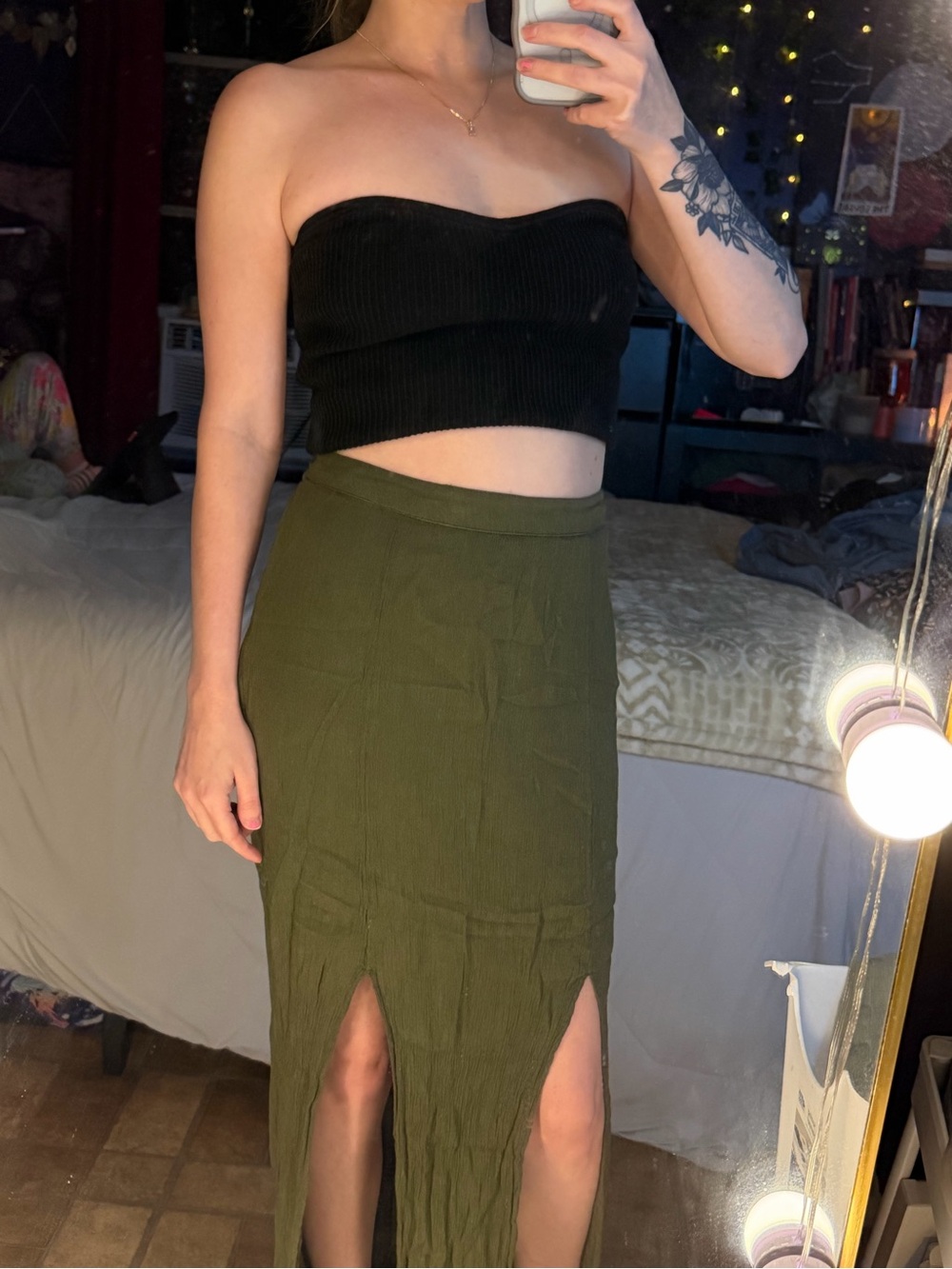 American Eagle Outfitters Olive Green Double Front-Slit Maxi Skirt
